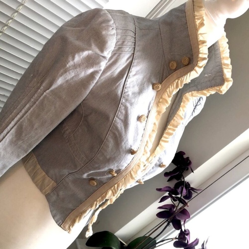 Zara Victorian Vintage Pale Blue Pinstripe Ruffle High Collar Jacket
